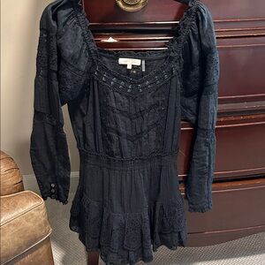 LoveShackFancy Black Long-Sleeve Lace-Trim Mini Dress